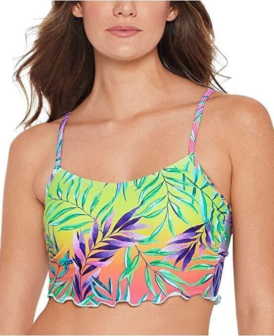 SALT + COVE Women's Stretch Ruffled Hem Deep V Neck Swimsuit Top, Green, XS